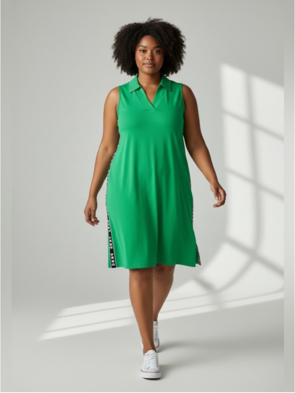 DKNY Vibrant Green Sleeveless Collared Polo Dress with Logo Trim